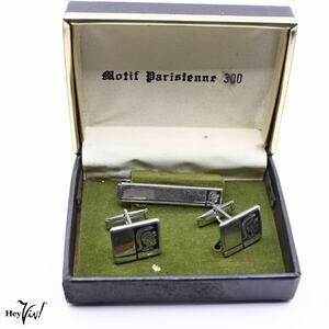 Vintage Motif Parisienne 300 Silver Tone Cuff Links and Tie Bar Set Original Box